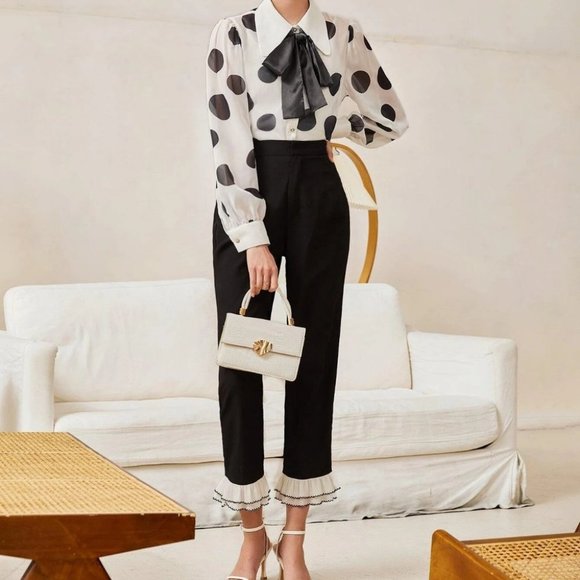 Black and White Polka Dot Tie Neck Shirt blouse - Picture 3 of 5